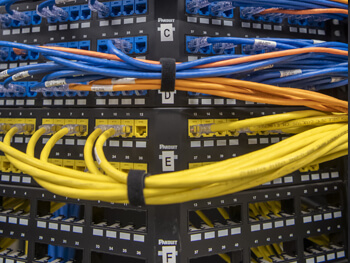 Close up view of blue, orange and yellow cables